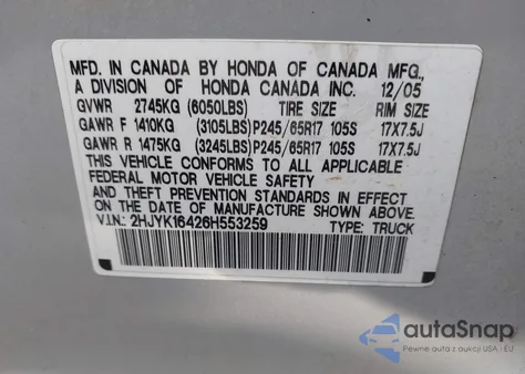 2006 Honda Ridgeline Rts z USA, uszkodzony, nr VIN 2HJYK16426H553259